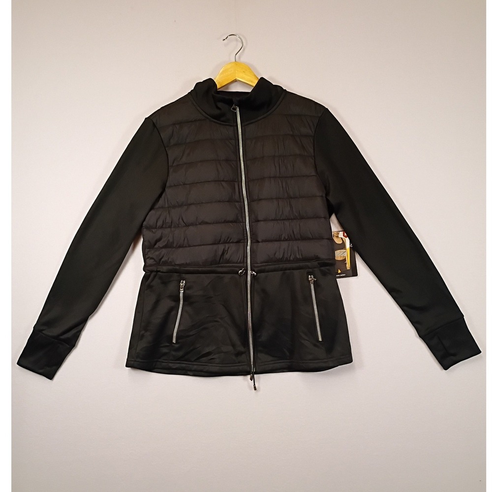 Avia Women Medium Black Hybrid Quilted Puffer Zip Up Jacket Thumbholes Sporty
